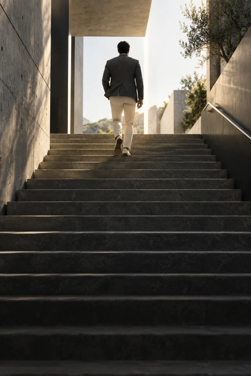 An entrepreneur viewed from behind ascending sunlit architectural steps