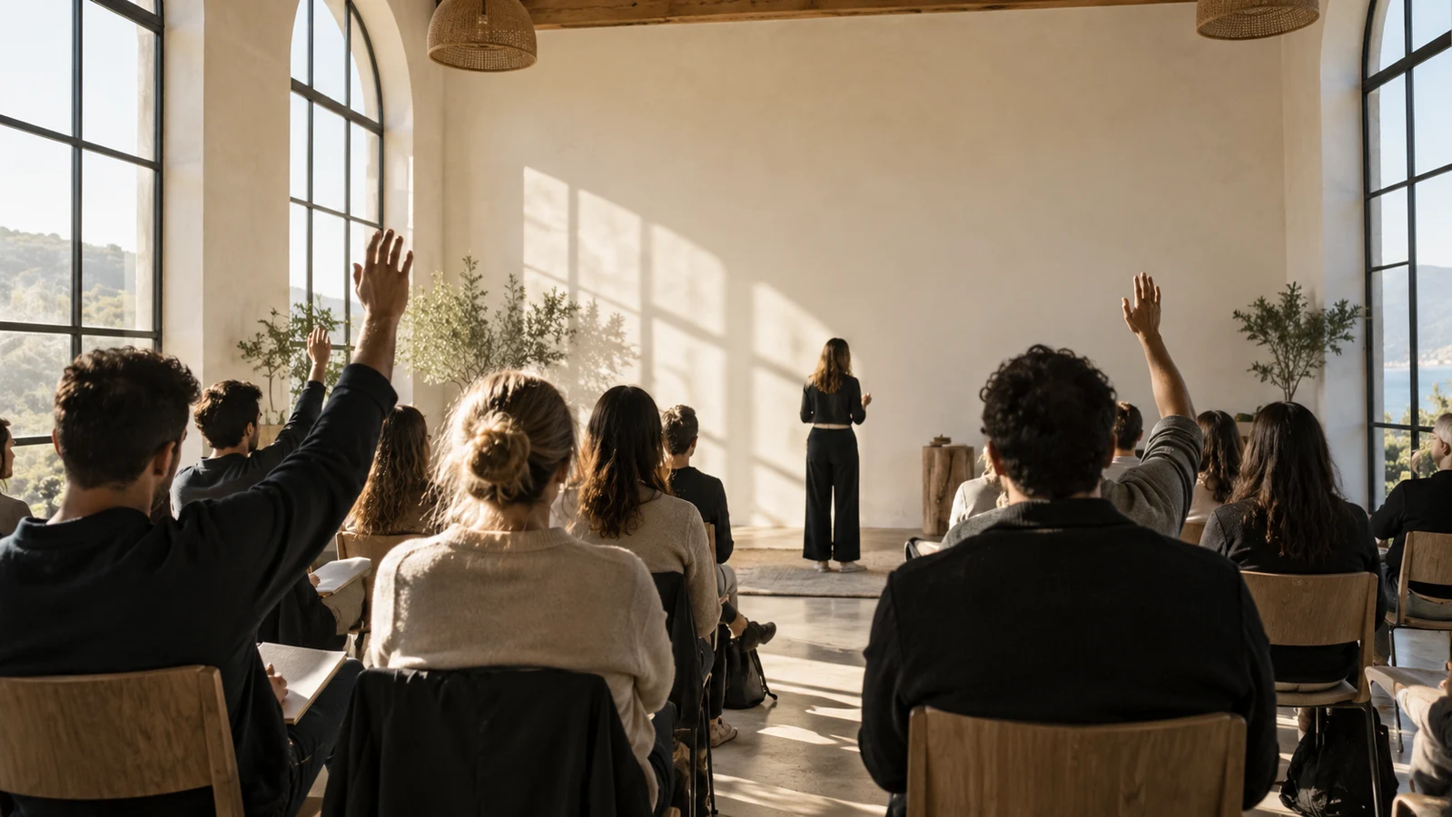 Workshop participants seen from behind raising their hands in a sunlit room