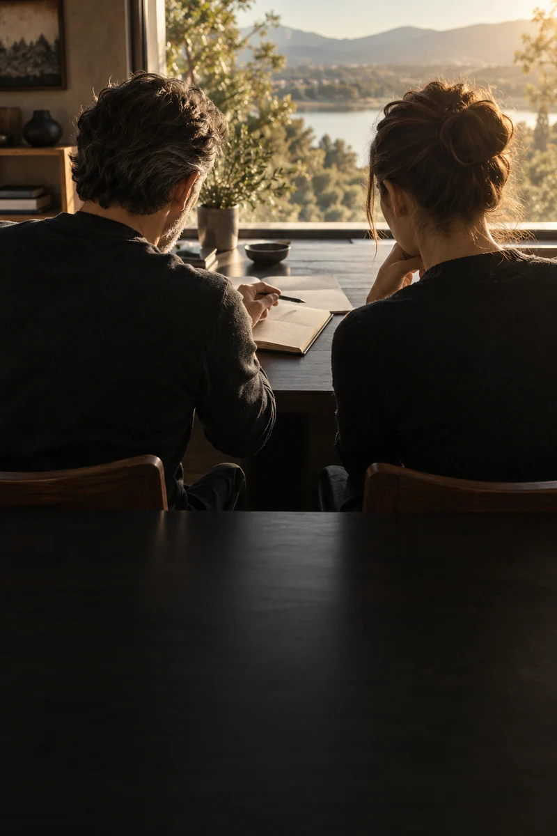 Mentor and participant seen from behind reflecting together over a notebook